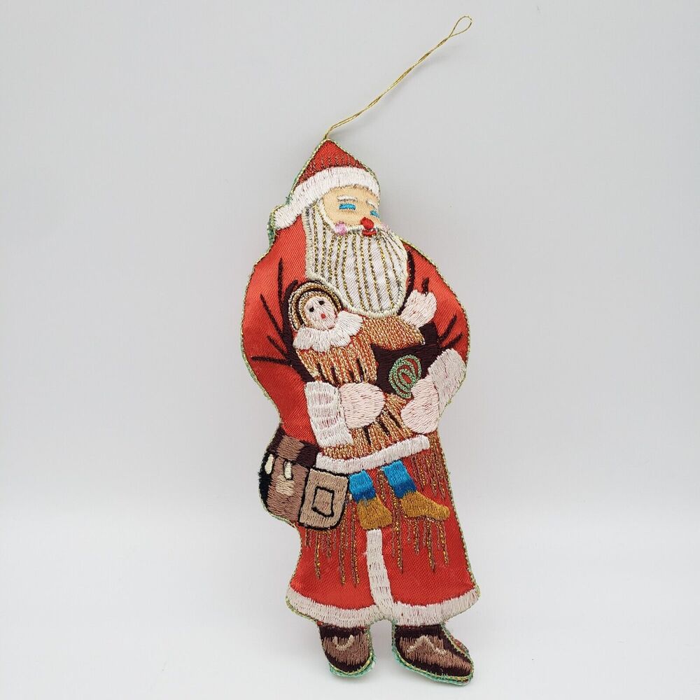 Vintage Asian Silk Embroidered Fabric Gold Thread Christmas Santa Ornament
